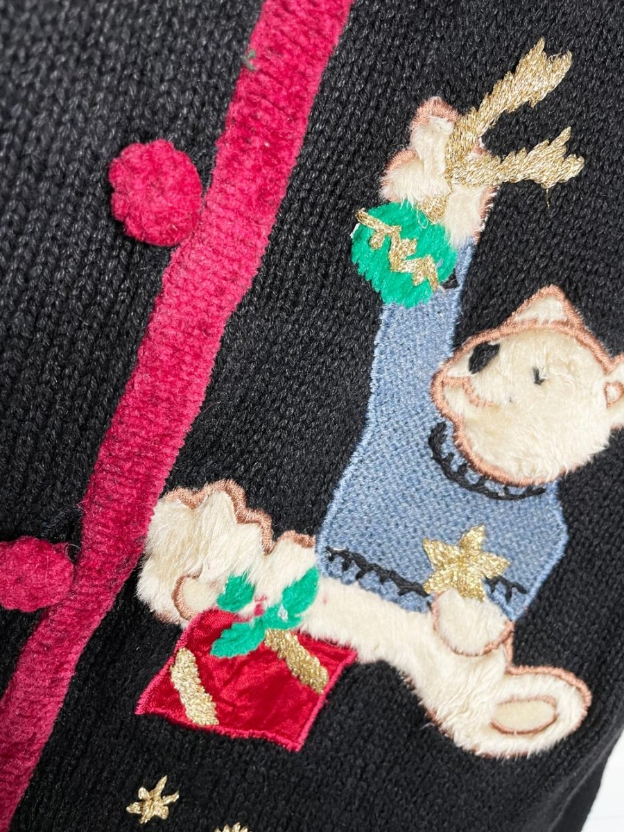 vintage 90s victoria jones holiday teddy bears knit cardigan | chenille trim - good market thrift store