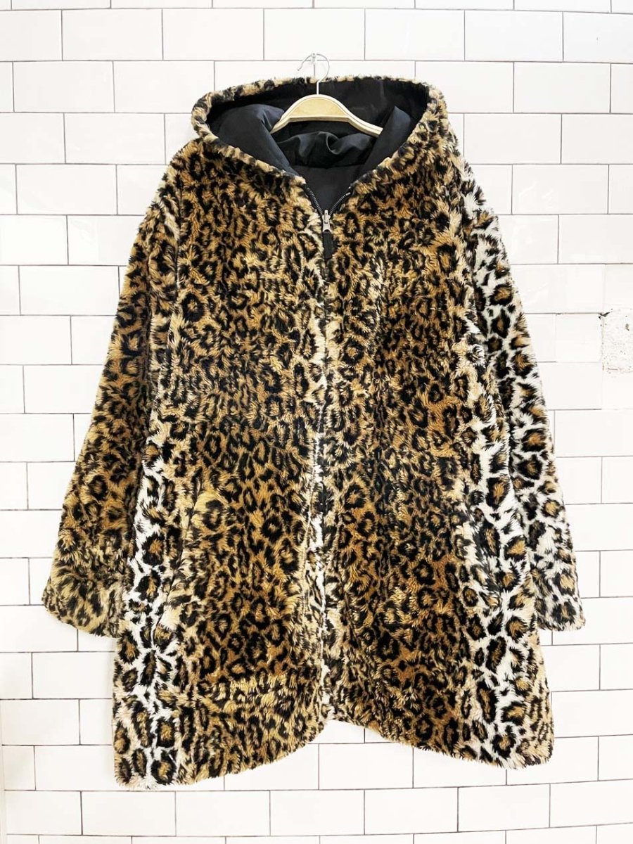 vintage 90s white stag reversible faux fur hooded coat - good market thrift store