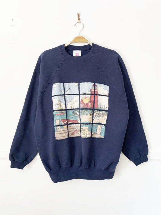 vintage 90s window pane boat + lighthouse patchwork sweatshirt | hanes her way - good market thrift store