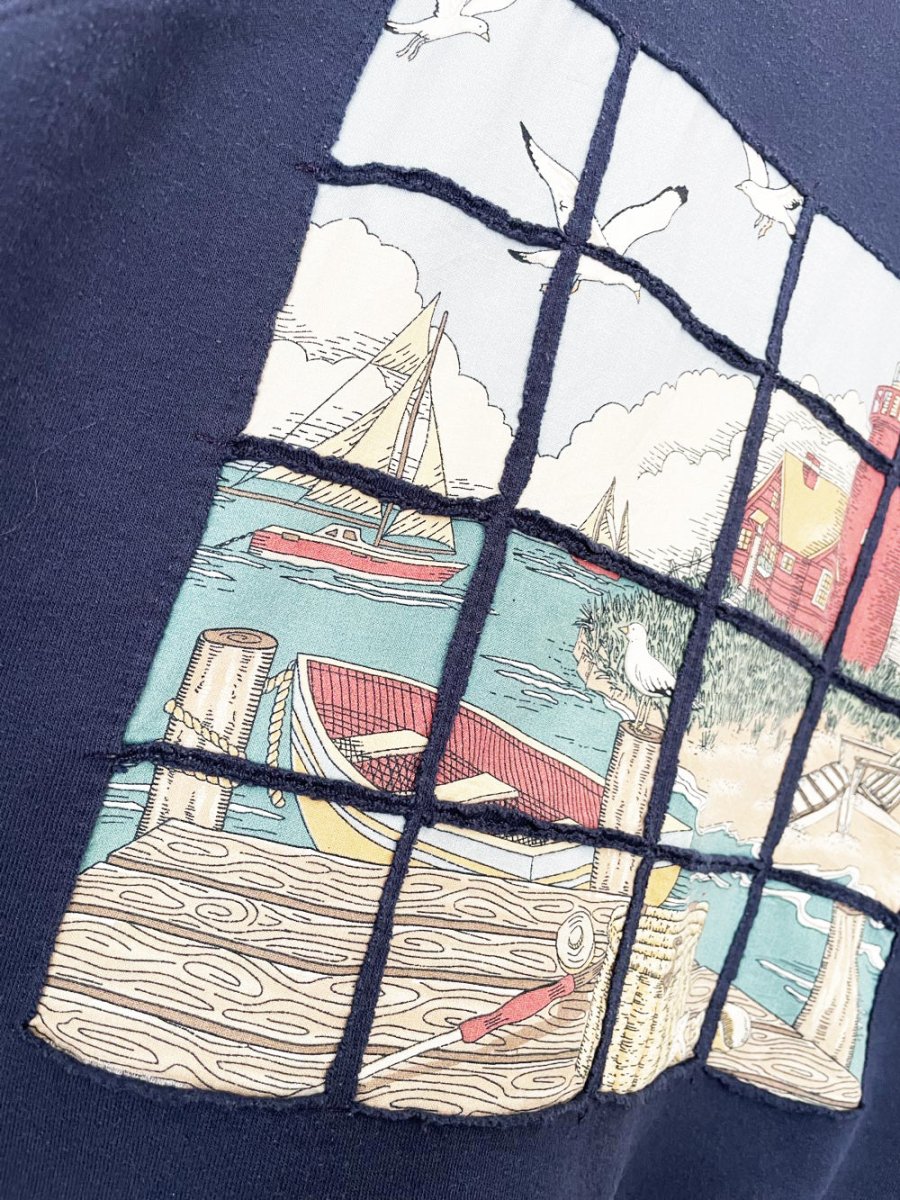 vintage 90s window pane boat + lighthouse patchwork sweatshirt | hanes her way - good market thrift store