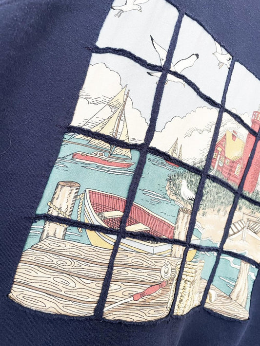 vintage 90s window pane boat + lighthouse patchwork sweatshirt | hanes her way - good market thrift store