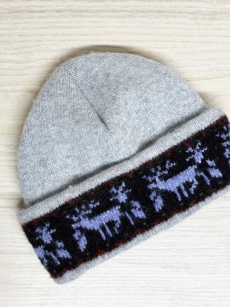 vintage 90s wool fair isle reindeer fleece lined toque - good market thrift store