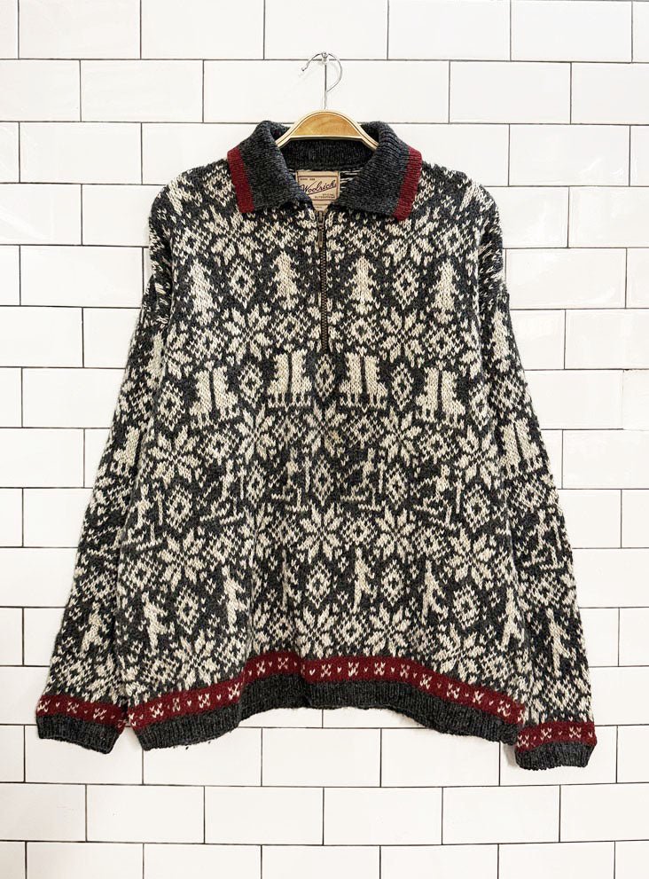 vintage 90s woolrich wool - blend fair isle quarter zip knit sweater | made in usa - good market thrift store