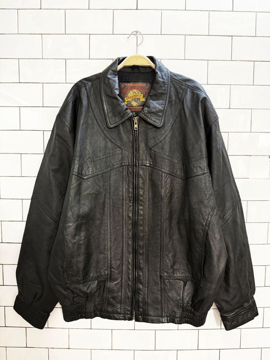 vintage 90s world alliance leather western stitch full zip bomber jacket - good market thrift store