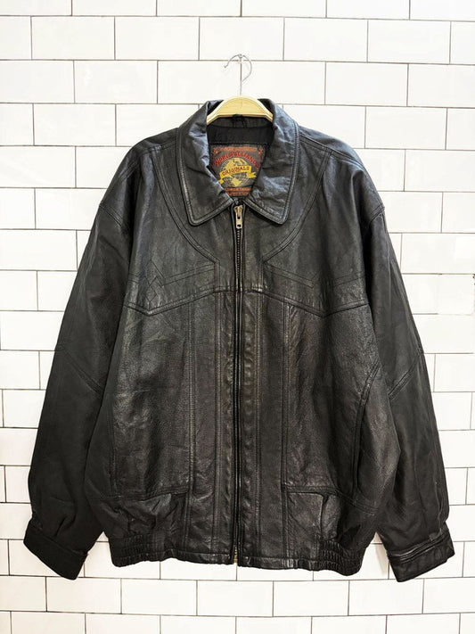 vintage 90s world alliance leather western stitch full zip bomber jacket - good market thrift store