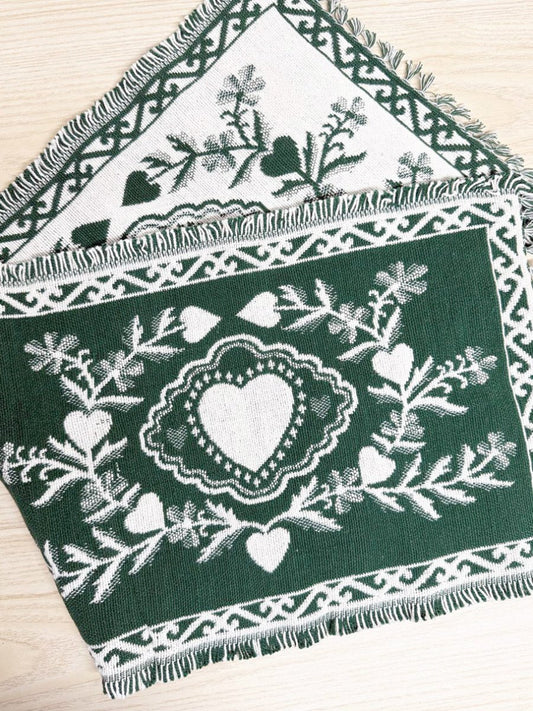 vintage 90s woven heart table runner - good market thrift store