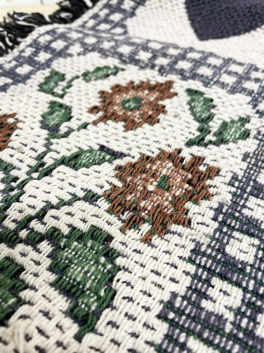 vintage 90s woven hearts + flowers check area rug - good market thrift store