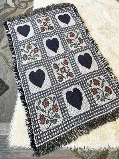 vintage 90s woven hearts + flowers check area rug - good market thrift store