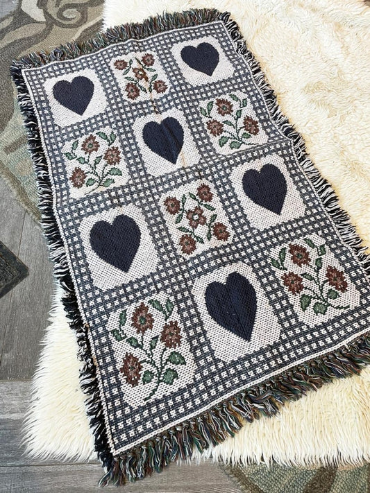 vintage 90s woven hearts + flowers check area rug - good market thrift store