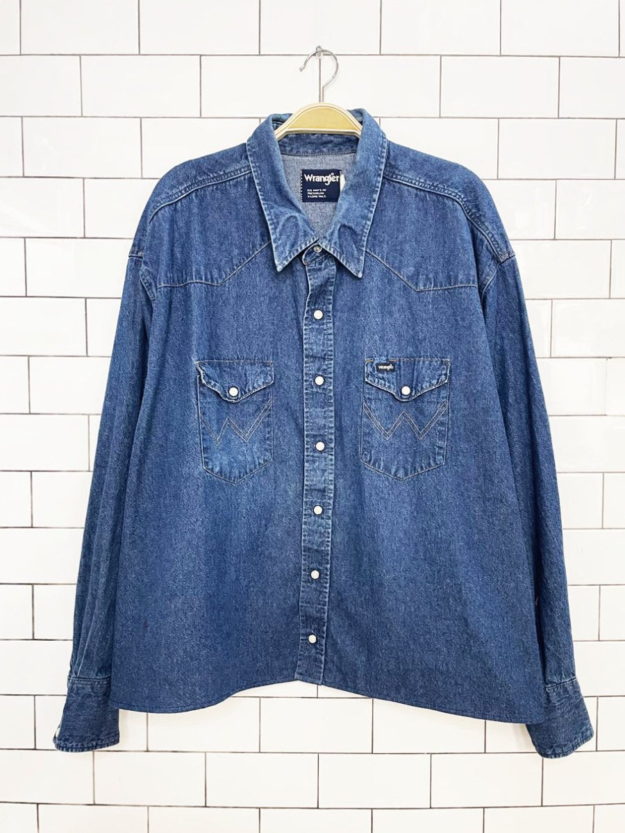 vintage 90s wrangler snap button cropped western denim shirt | rework - good market thrift store