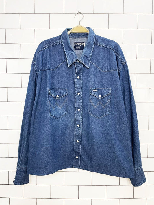 vintage 90s wrangler snap button cropped western denim shirt | rework - good market thrift store