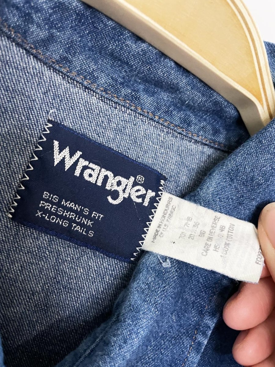 vintage 90s wrangler snap button cropped western denim shirt | rework - good market thrift store