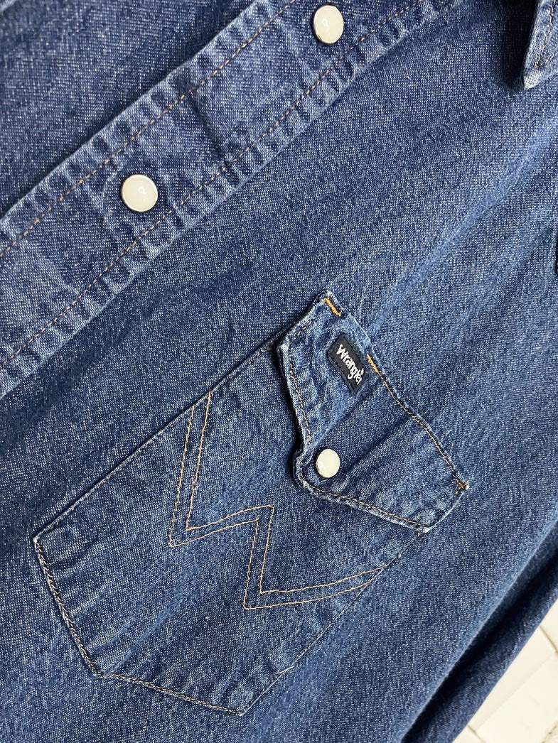 vintage 90s wrangler snap button cropped western denim shirt | rework - good market thrift store