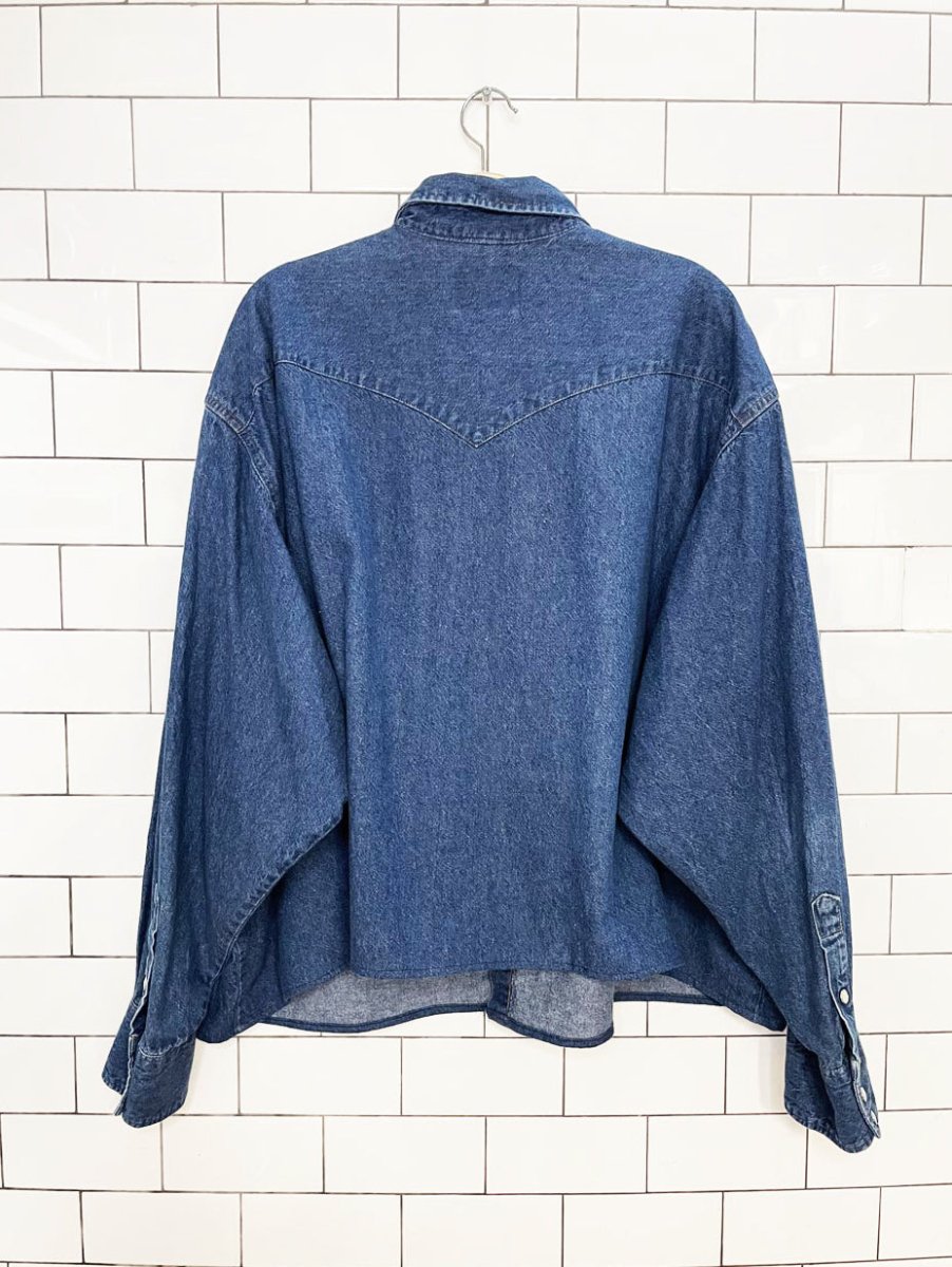vintage 90s wrangler snap button cropped western denim shirt | rework - good market thrift store
