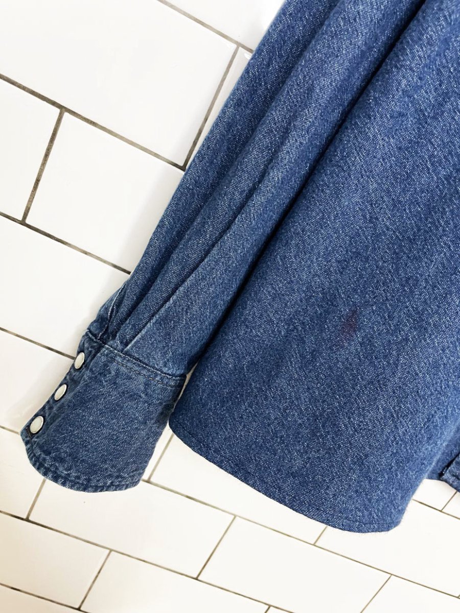 vintage 90s wrangler snap button cropped western denim shirt | rework - good market thrift store