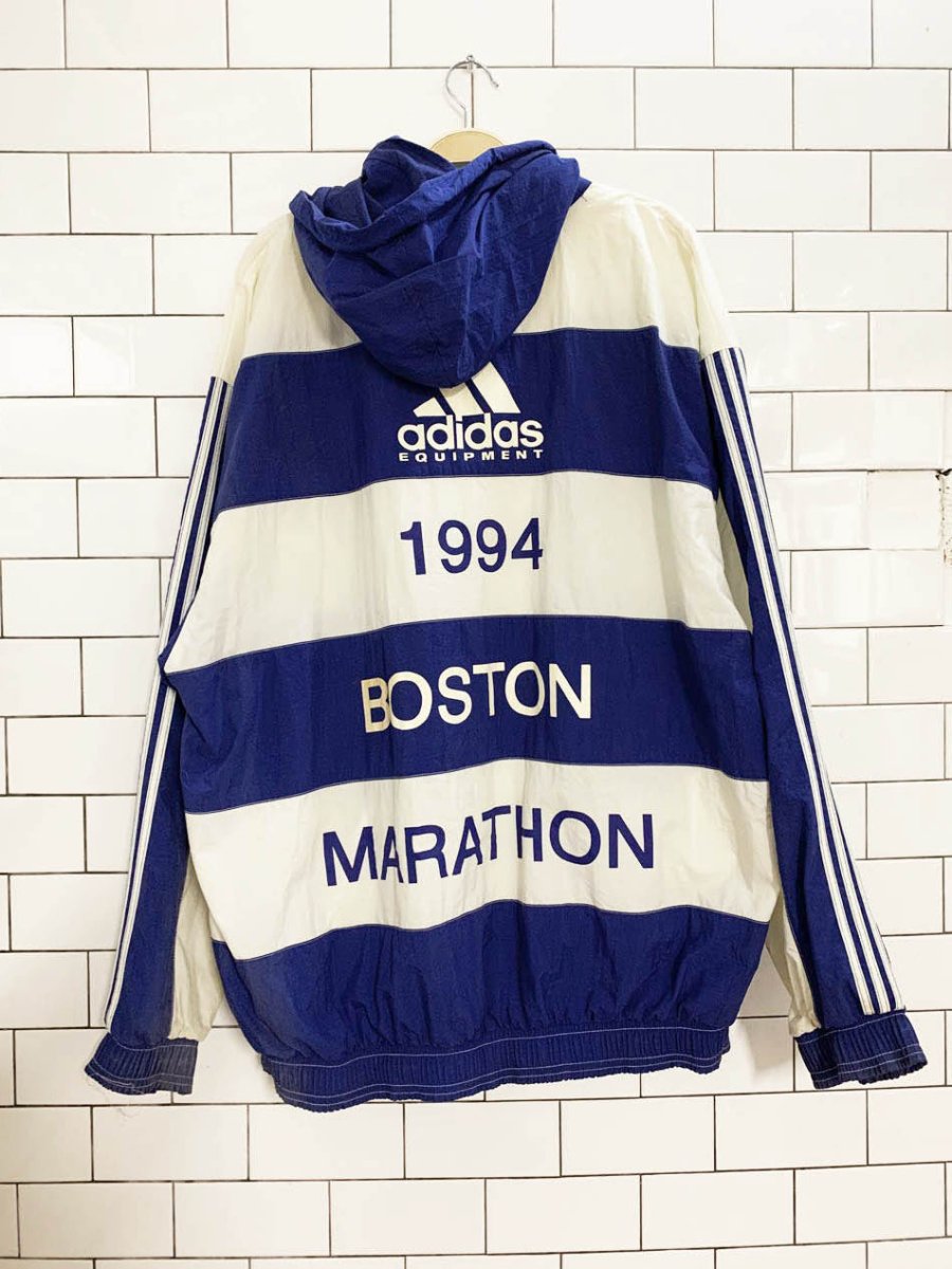 vintage adidas 1994 boston marathon striped hooded full zip running jacket - good market thrift store