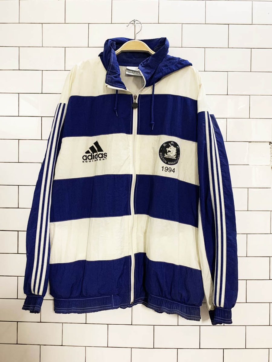 vintage adidas 1994 boston marathon striped hooded full zip running jacket - good market thrift store