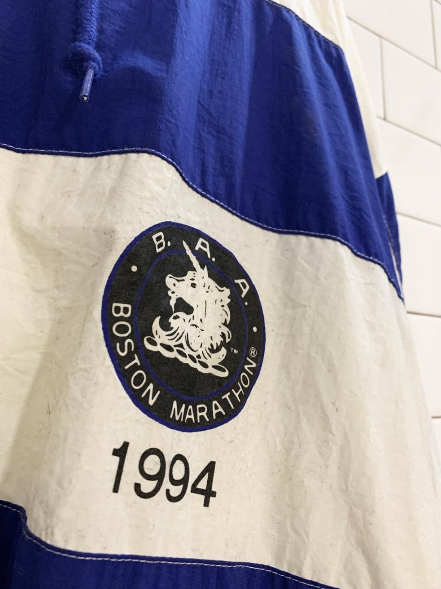 vintage adidas 1994 boston marathon striped hooded full zip running jacket - good market thrift store