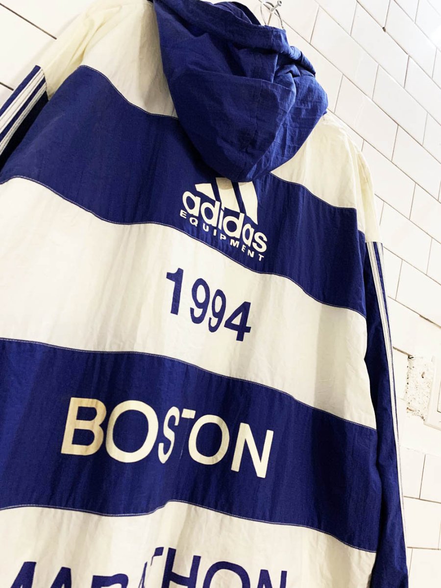 vintage adidas 1994 boston marathon striped hooded full zip running jacket - good market thrift store