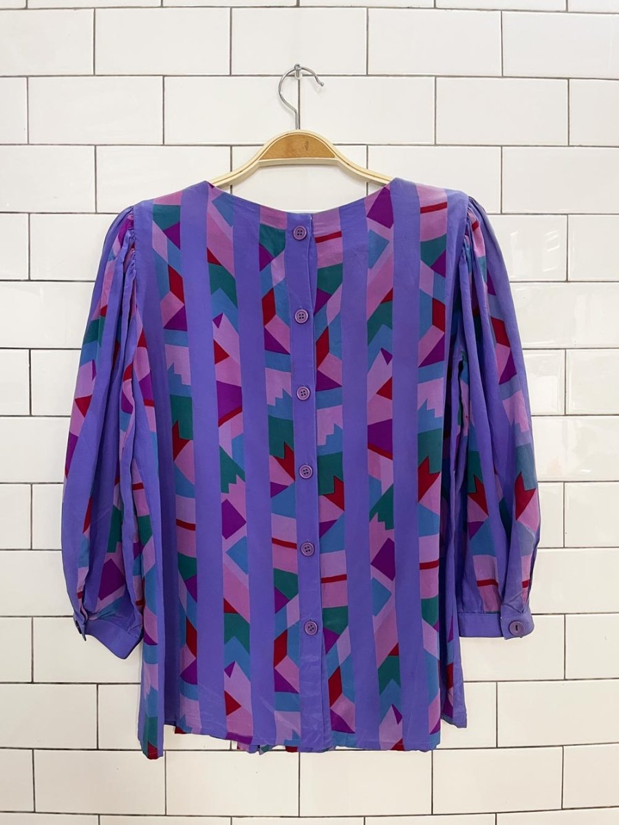 vintage albert nipon 100% silk pleated abstract button back blouse - good market thrift store