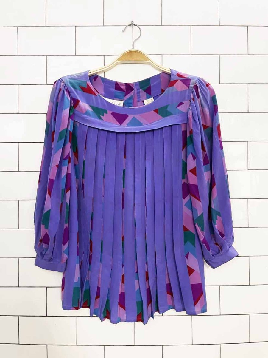 vintage albert nipon 100% silk pleated abstract button back blouse - good market thrift store