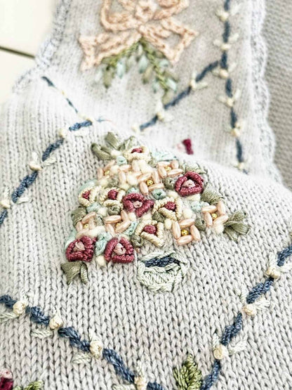 vintage alyssa brooke embroidered ribbon trees + wreaths holiday knit vest - good market thrift store