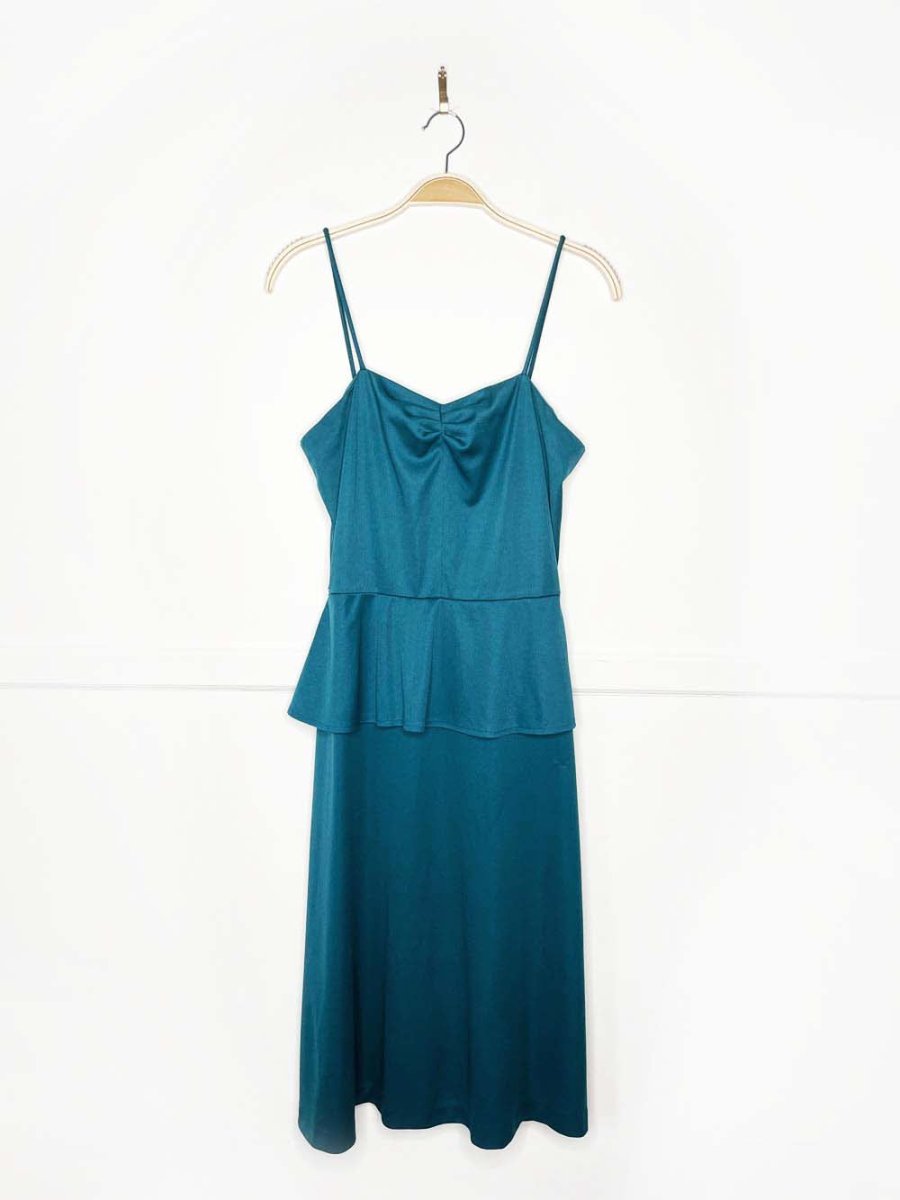 vintage andra peplum waist poly - knit midi dress - good market thrift store