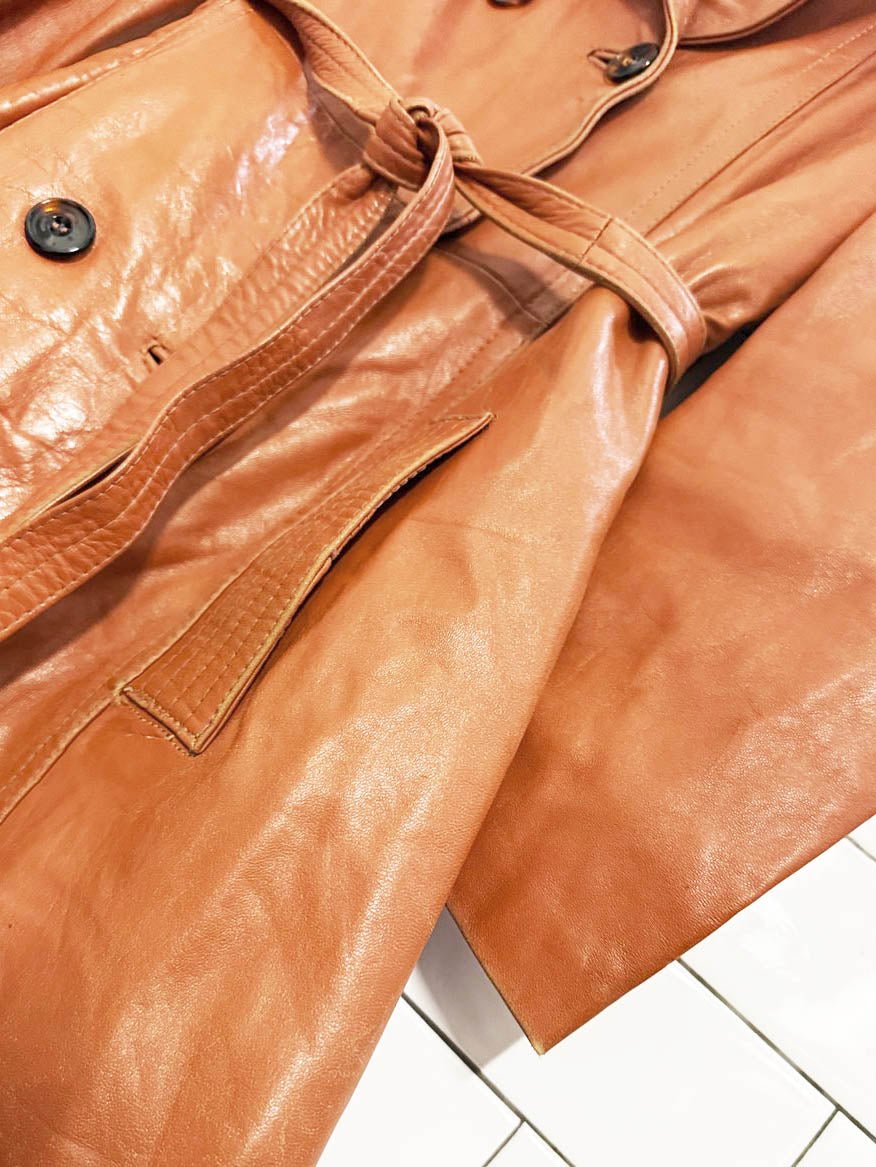 vintage AQG leather double breasted belted trench coat | made in Spain | the mulberry bush - good market thrift store