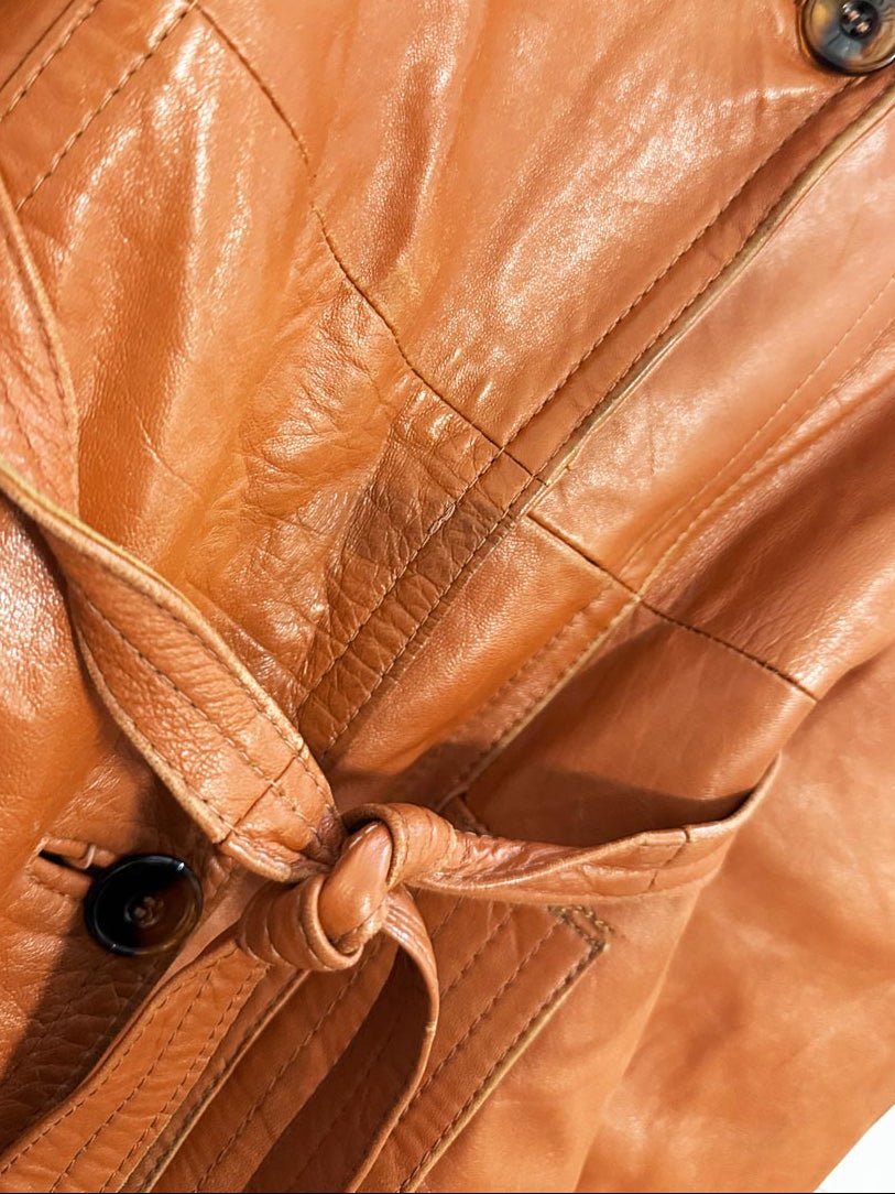 vintage AQG leather double breasted belted trench coat | made in Spain | the mulberry bush - good market thrift store