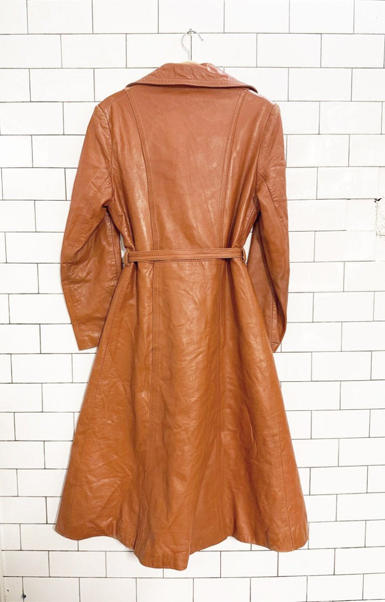 vintage AQG leather double breasted belted trench coat | made in Spain | the mulberry bush - good market thrift store