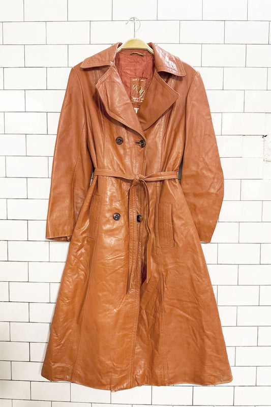 vintage AQG leather double breasted belted trench coat | made in Spain | the mulberry bush - good market thrift store