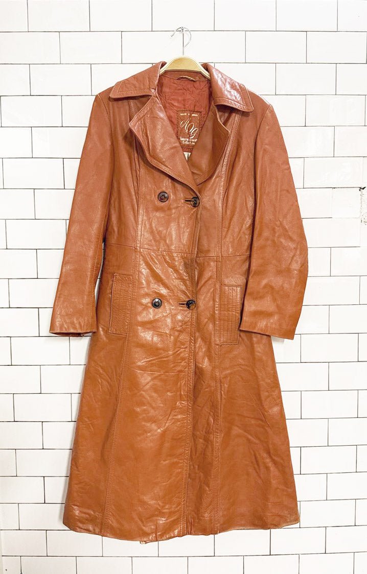 vintage AQG leather double breasted belted trench coat | made in Spain | the mulberry bush - good market thrift store