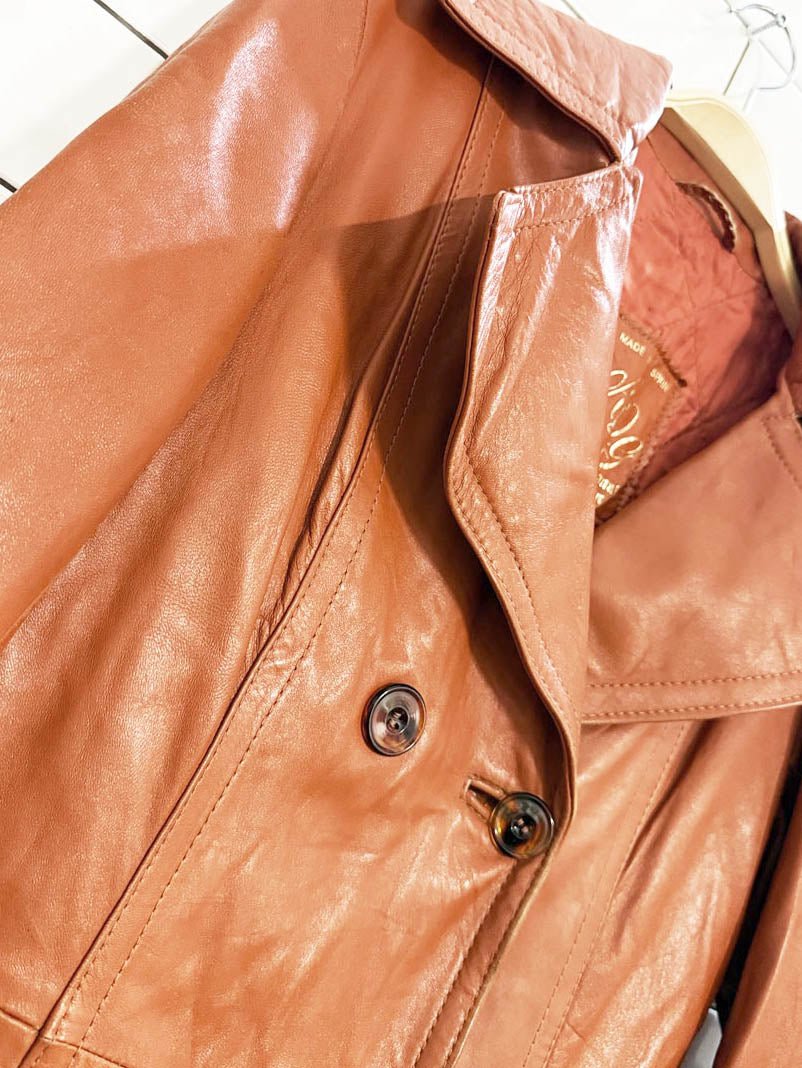 vintage AQG leather double breasted belted trench coat | made in Spain | the mulberry bush - good market thrift store