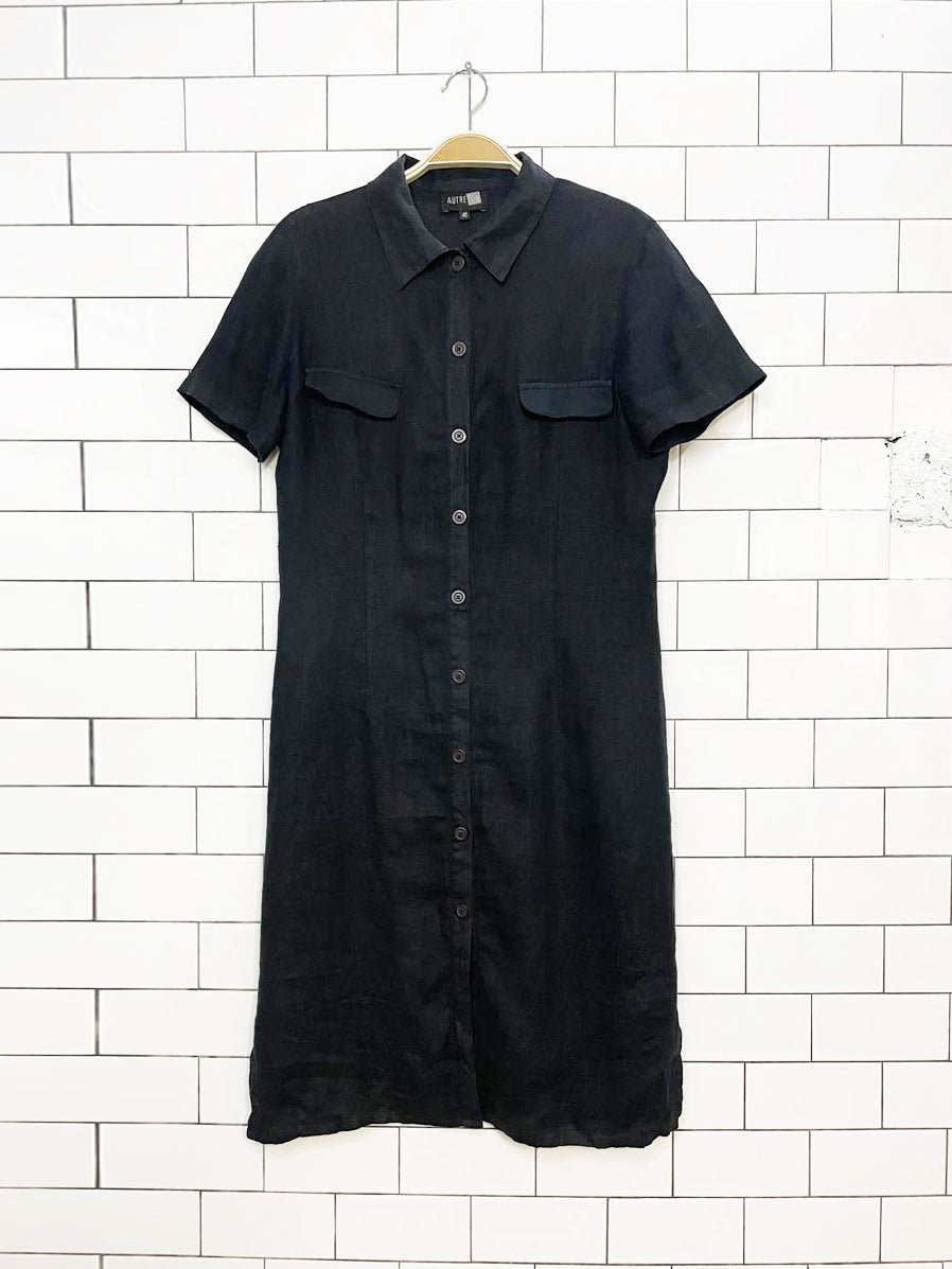 vintage autre nom linen full button fitted midi shirt dress - good market thrift store