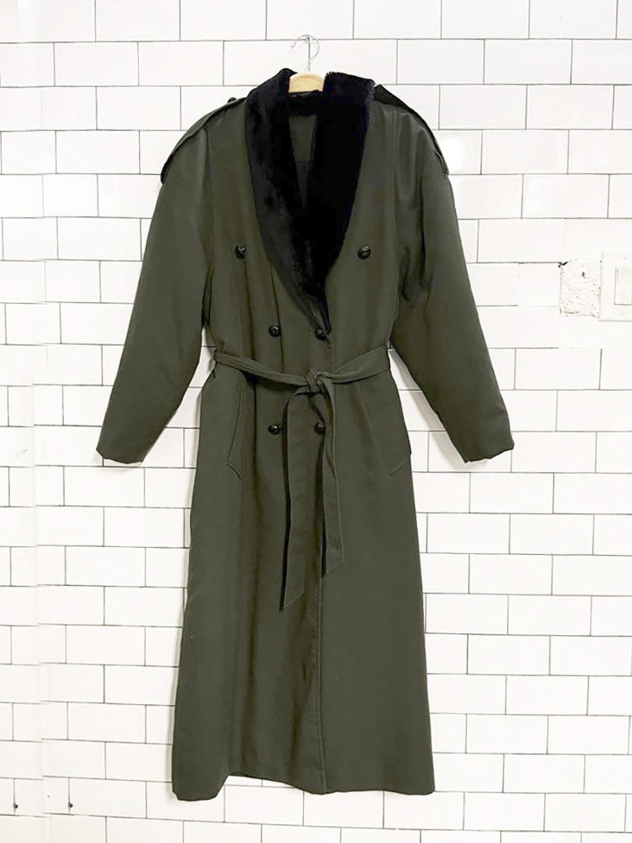 vintage balimel faux fur collar double breasted belted trench coat - good market thrift store