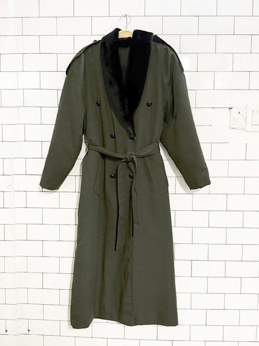 vintage balimel faux fur collar double breasted belted trench coat - good market thrift store