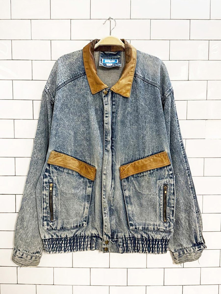 vintage bandana leather collar denim bomber jacket - good market thrift store