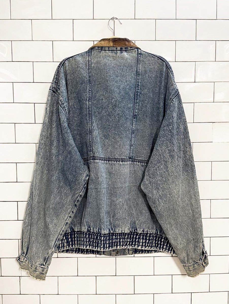 vintage bandana leather collar denim bomber jacket - good market thrift store