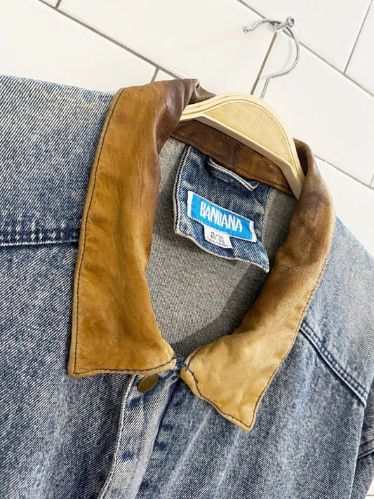vintage bandana leather collar denim bomber jacket - good market thrift store