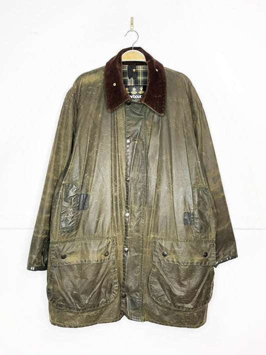vintage barbour border waxed cotton chore jacket with corduroy collar - good market thrift store