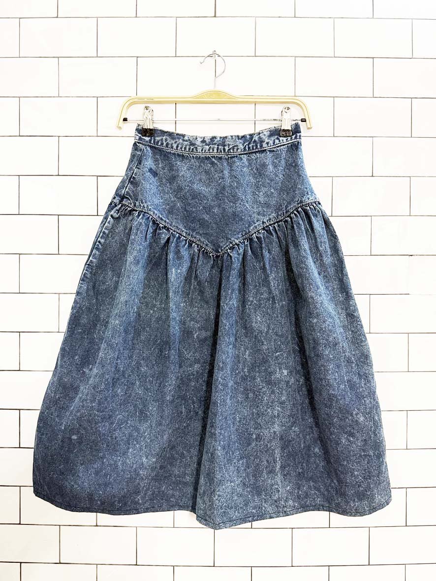 vintage basque waist pleated denim midi skirt | made in Canada - good market thrift store