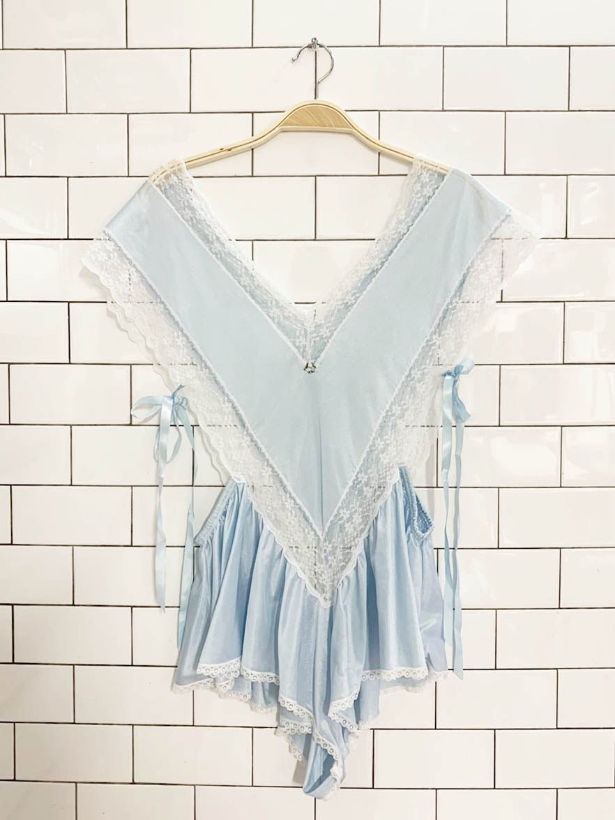 vintage bellina lace trim sateen open side slip romper - good market thrift store