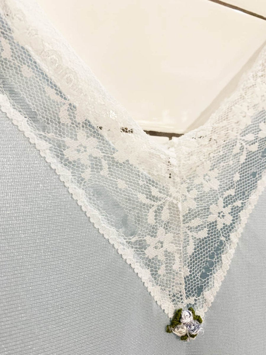 vintage bellina lace trim sateen open side slip romper - good market thrift store