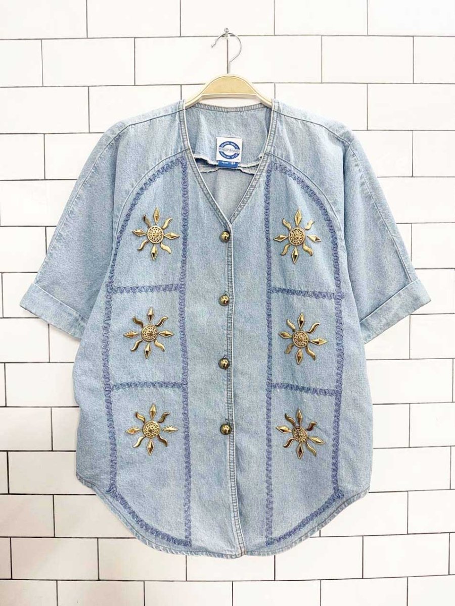 vintage bingo! bingo! gold sun embellished denim shirt | made in USA - good market thrift store