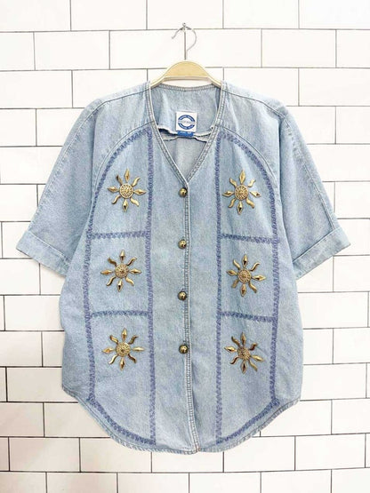 vintage bingo! bingo! gold sun embellished denim shirt | made in USA - good market thrift store
