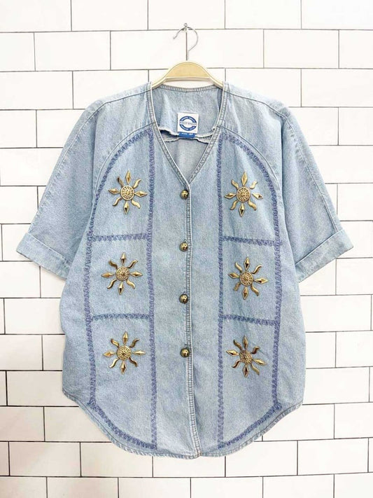 vintage bingo! bingo! gold sun embellished denim shirt | made in USA - good market thrift store