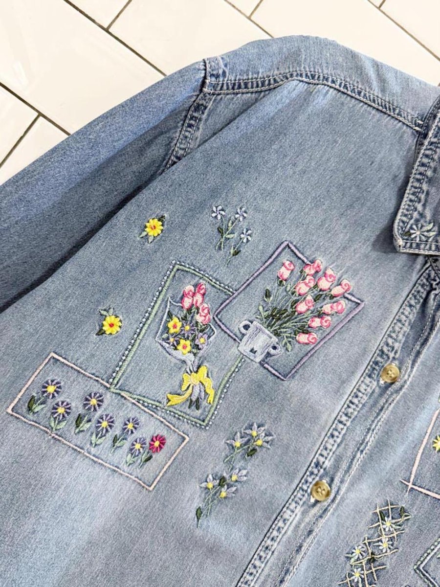 vintage bobbie brooks floral embroidered full button denim shirt - good market thrift store