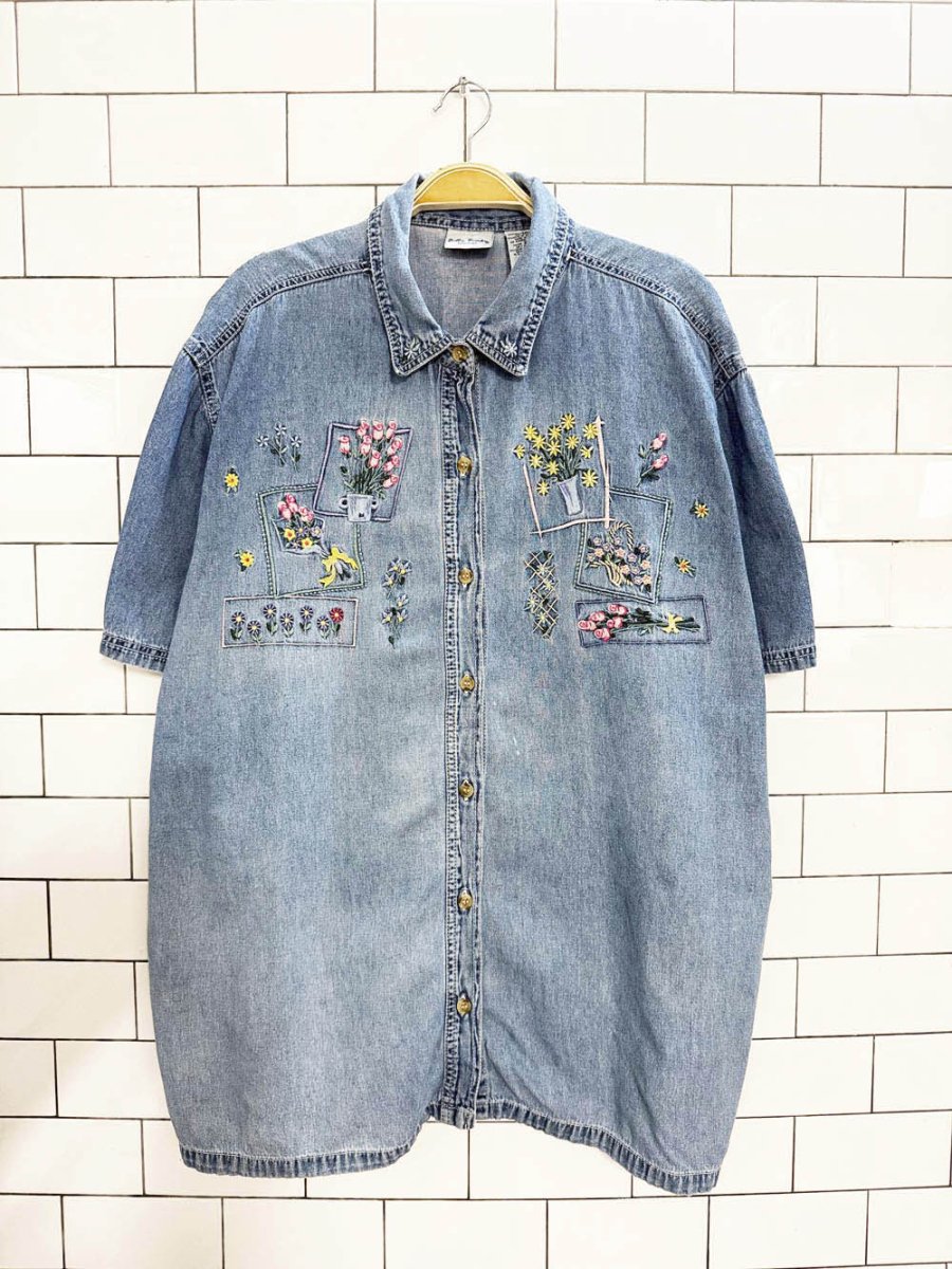 vintage bobbie brooks floral embroidered full button denim shirt - good market thrift store
