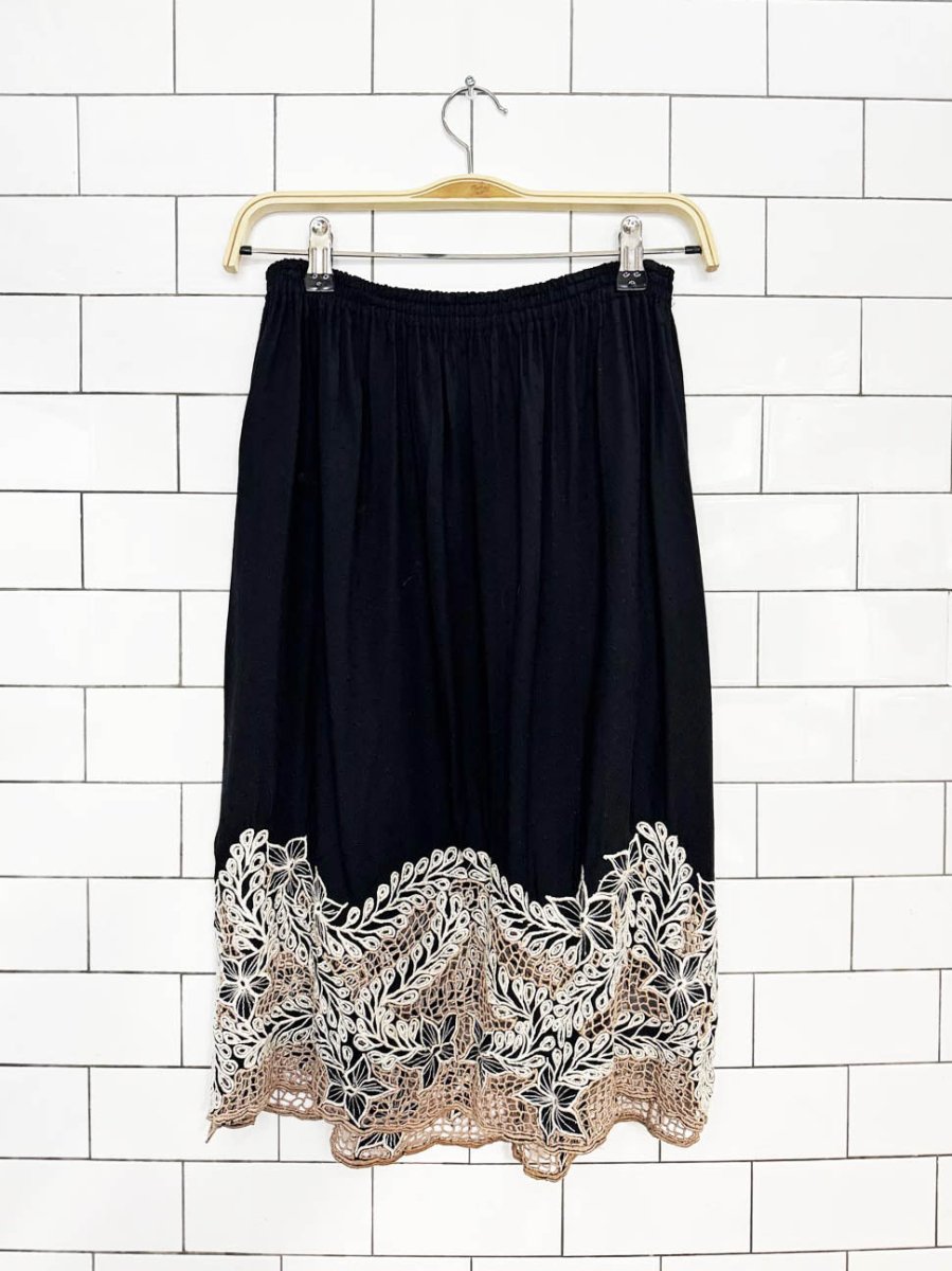 vintage boho embroidered crochet hem midi skirt - good market thrift store