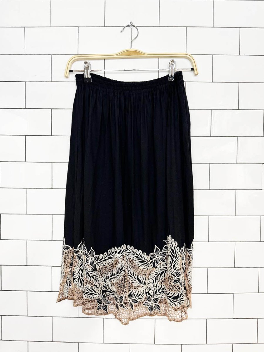 vintage boho embroidered crochet hem midi skirt - good market thrift store